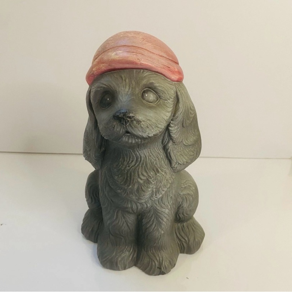 Gray Dog Figurine with Pink Hat - Decorative Pet Statue - Used
